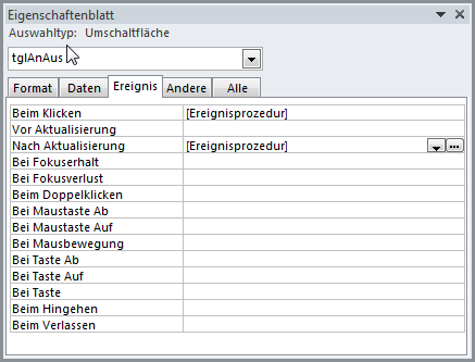 Ereigniseigenschaften der Umschaltfläche