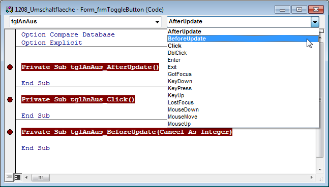 Wichtige Ereignisprozeduren einer Umschaltfläche