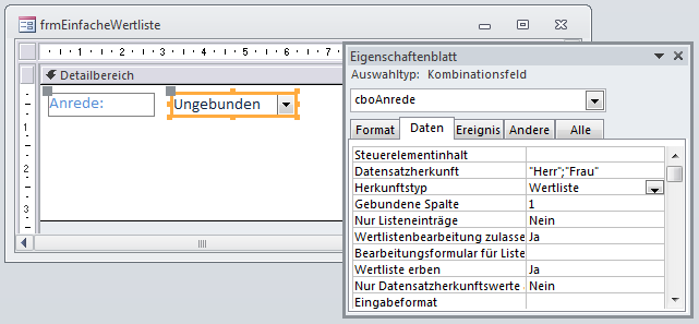 Kombinationsfeld mit einer einfachen Wertliste als Datensatzherkunft
