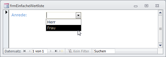 Auswahl eines Eintrags der Wertliste