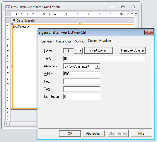 Einstellen der Spalten im ListView-Steuerelement