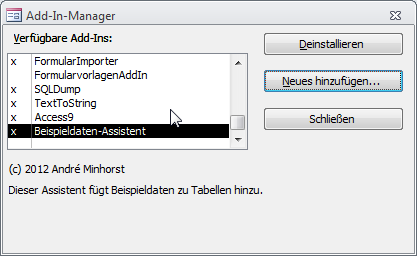 Ein frisch hinzugefügtes Access-Add-In