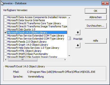 Hinzufügen eines Verweises auf die Excel-Bibliothek