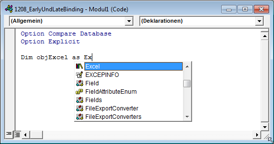 Beim Early Binding stehen die Elemente der referenzierten Bibliothek per IntelliSense zur Auswahl bereit