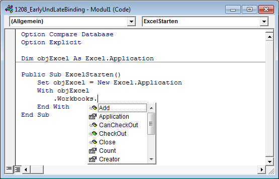 Auch die Eigenschaften und Methoden der Objektvariablen werden per IntelliSense angezeigt.
