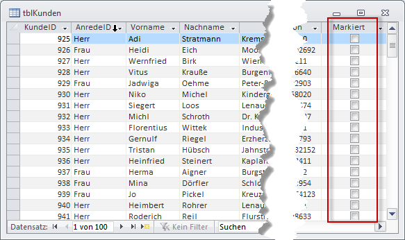 Datenblattansicht mit Markiert-Feld