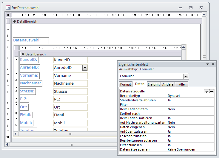 Haupt- und Unterformular der Beispieldatenbank