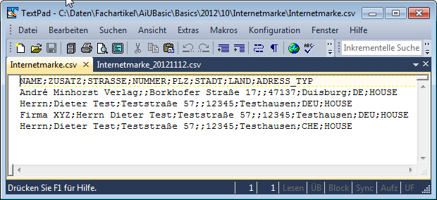 .csv-Datei für den Upload von Adressdaten