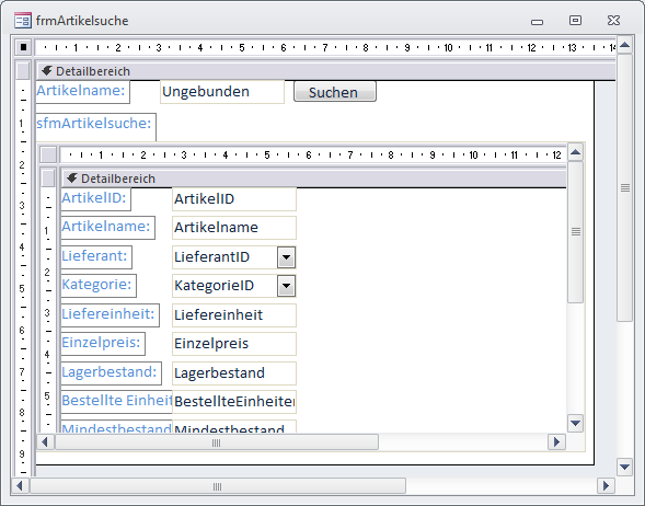 Haupt- und Unterformular in der Entwurfsansicht