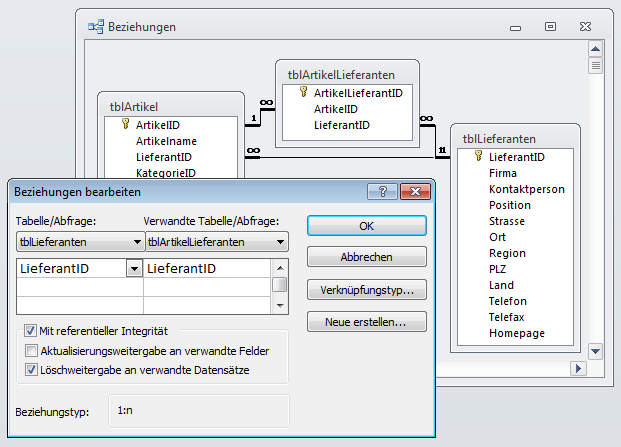 Festlegen der Beziehungen zwischen den Tabellen der m:n-Verknüpfung
