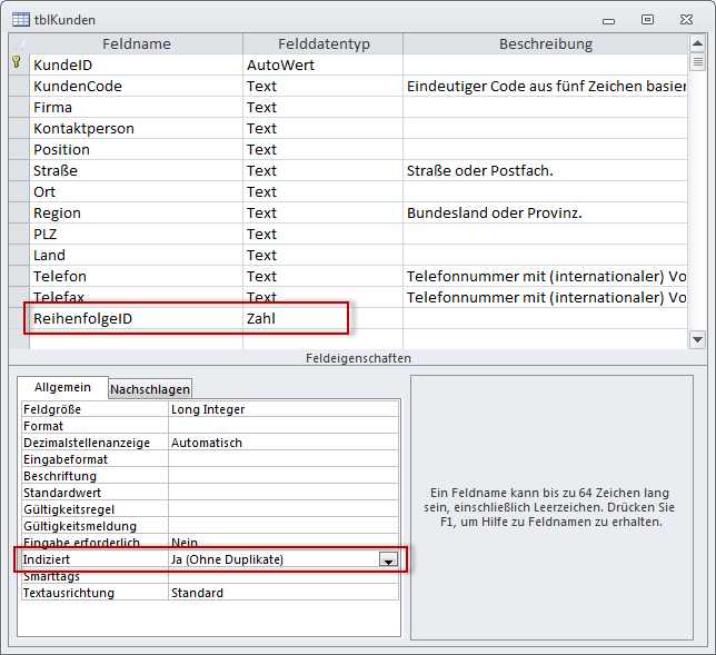 Hinzufügen eines Feldes für die Definition einer individuellen Reihenfolge