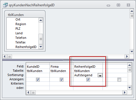 Abfrage zur Sortierung der Kunden nach dem Wert des Feldes ReihenfolgeID