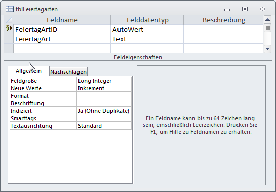 Tabelle der Feiertagsarten in der Entwurfsansicht