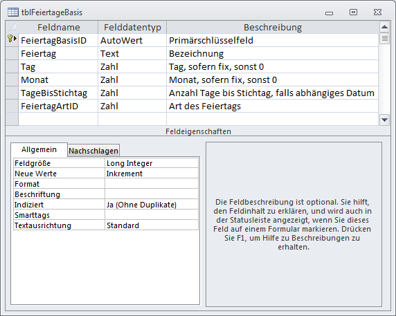 Tabelle der Feiertag-Basisdaten in der Entwurfsansicht