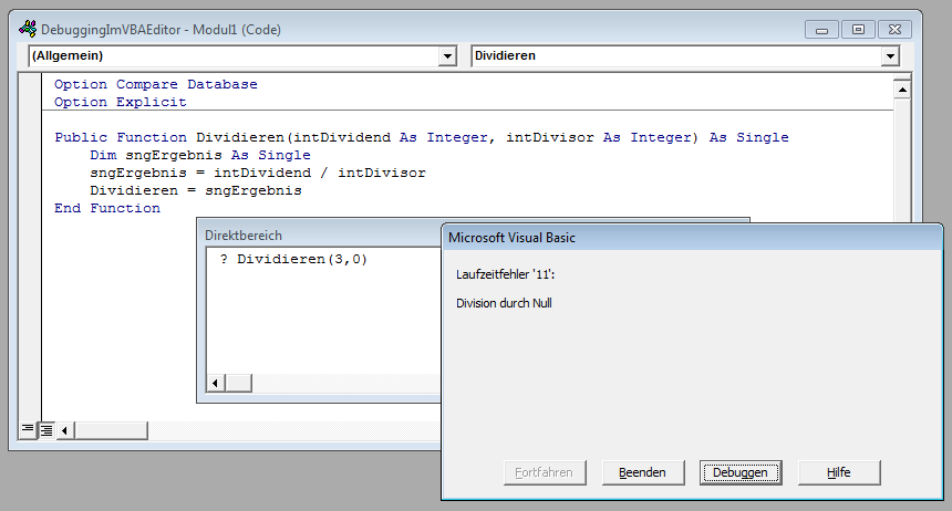Laufzeitfehler mit der Möglichkeit, zu debuggen