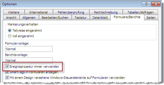 Wenn Sie diese Option aktivieren, erstellen Sie Ereignisprozeduren mit einem Mausklick.