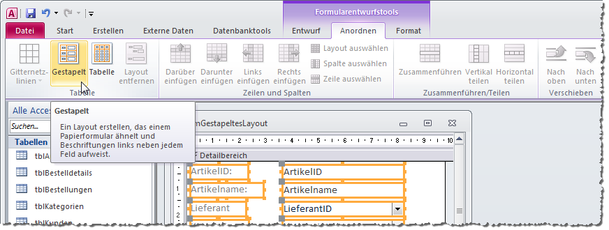 Zuweisen des gestapelten Layouts