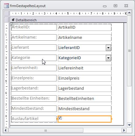 Die Steuerelemente nach dem Hinzufügen des Layouts Gestapelt.