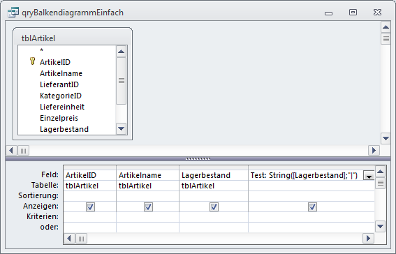 Entwurfsansicht einer Abfrage zur Darstellung eines einfachen Balkendiagramms