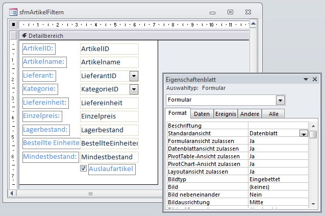 Entwurf des Unterformulars mit den zu filternden Daten