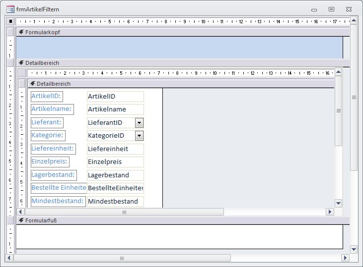 Haupt- und Unterformular in der Entwurfsansicht
