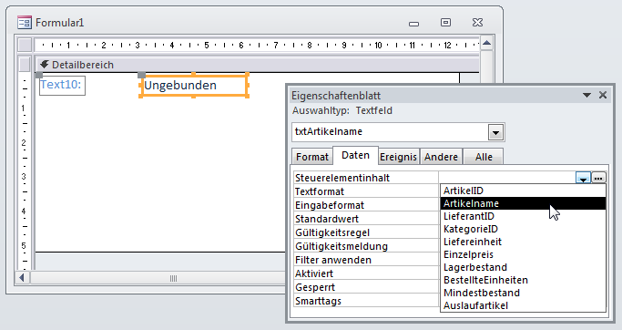 Zuweisen eines Feldes als Steuerelementinhalt