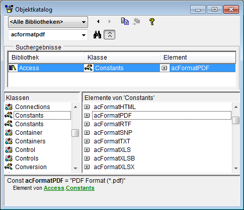 OutputTo-Parameter im Objektkatalog des VBA-Editors