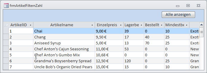 Neues Formular für die Beispiele zum Filtern von Datensätzen nach Zahlenwerten