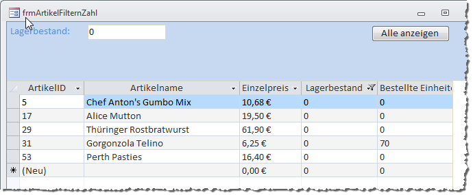 Filtern nach dem Lagerbestand