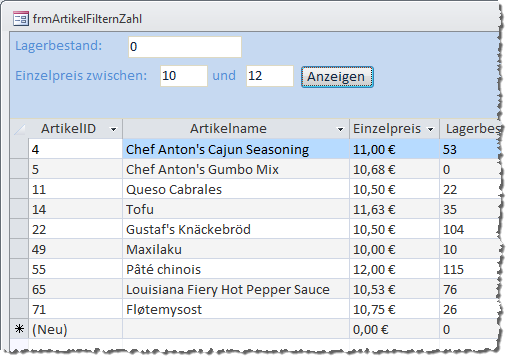 Preisfilter im Einsatz