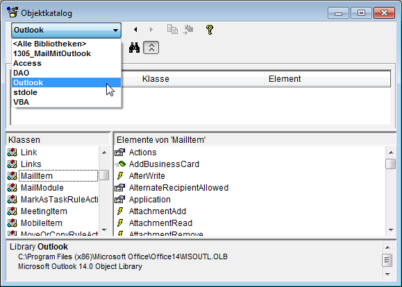 Die Outlook-Bibliothek im Objektkatalog