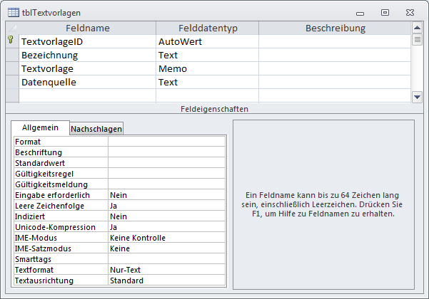 Entwurfsansicht der Tabelle tblTextvorlagen