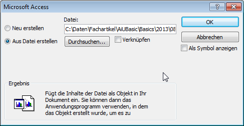 Dialog zum Einfügen eines Objekts in ein OLE-Feld