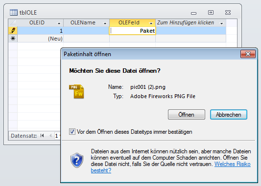 öffnen einer in einem OLE-Feld gespeicherten Datei