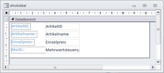 Unterformular zur Anzeige der Artikeldetails