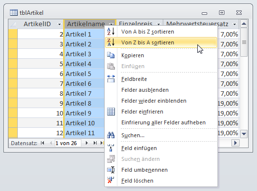 Beispiel für ein eingebautes Kontextmenü