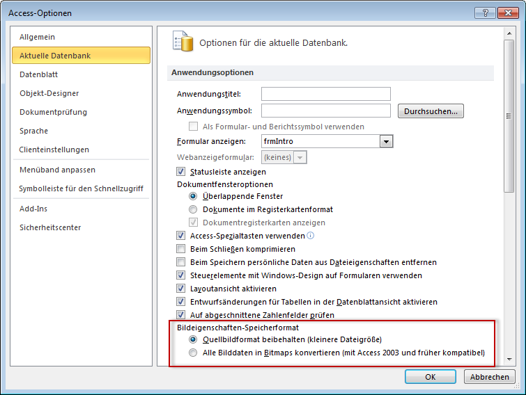Einstellen der Access-Optionen für das Speichern von Bildern