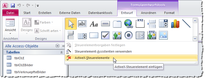 öffnen des Dialogs zum Hinzufügen von ActiveX-Steuerelementen