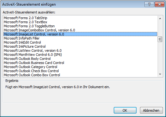 Auswahl des ImageList-Steuerelements aus der Liste der ActiveX-Steuerelemente
