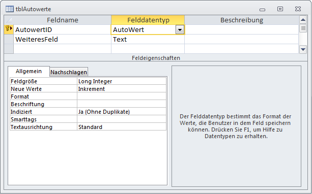 Anlegen einer Tabelle mit einem Autowert