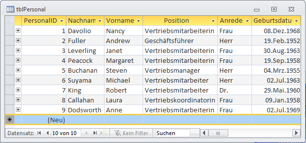 ... Markieren des Ziels, also eines leeren Datensatzes ...