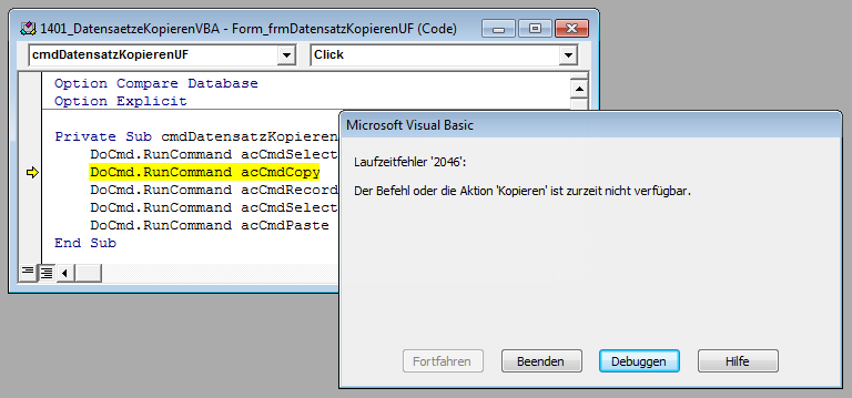 Fehler, der beim Versuch, den Datensatz im Unterformular zu kopieren, ausgelöst wird.