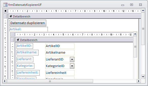 Haupt- und Unterformular mit der Schaltfläche zum Kopieren im Hauptformular und den Daten im Unterformular