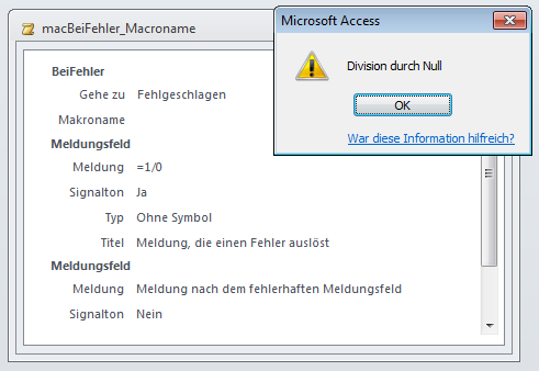 Gehe zu: Fehlgeschlagen zeigt die eingebaute Fehlermeldung von Access an.