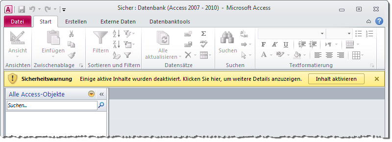 Hinweis auf eine nicht als vertrauenswürdig eingestufte Datenbankdatei