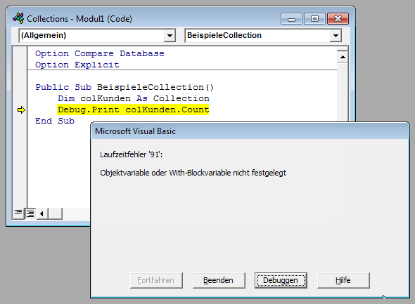 Fehler beim Zugriff auf ein nicht instanziertes Collection-Objekt