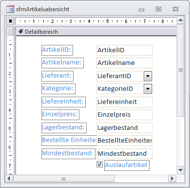 Unterformular mit Artikeln