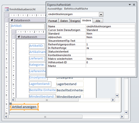 Haupt- und Unterformular zur Auswahl der Detailansichten