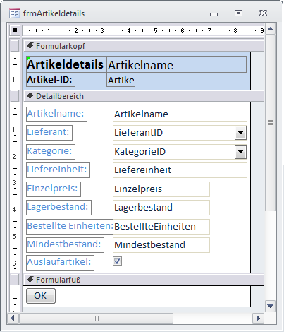 Entwurf des Detailformulars