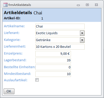 Das Detailformular in der Formularansicht